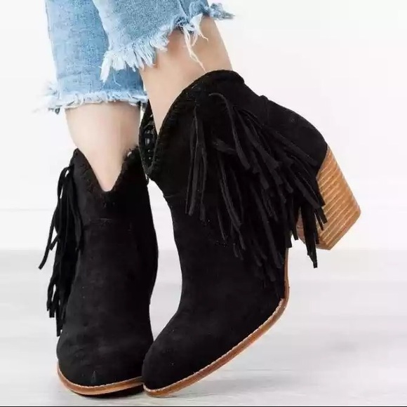 Bohemian Fringe Black Vegan Suede Ankle Boots - Picture 9 of 9